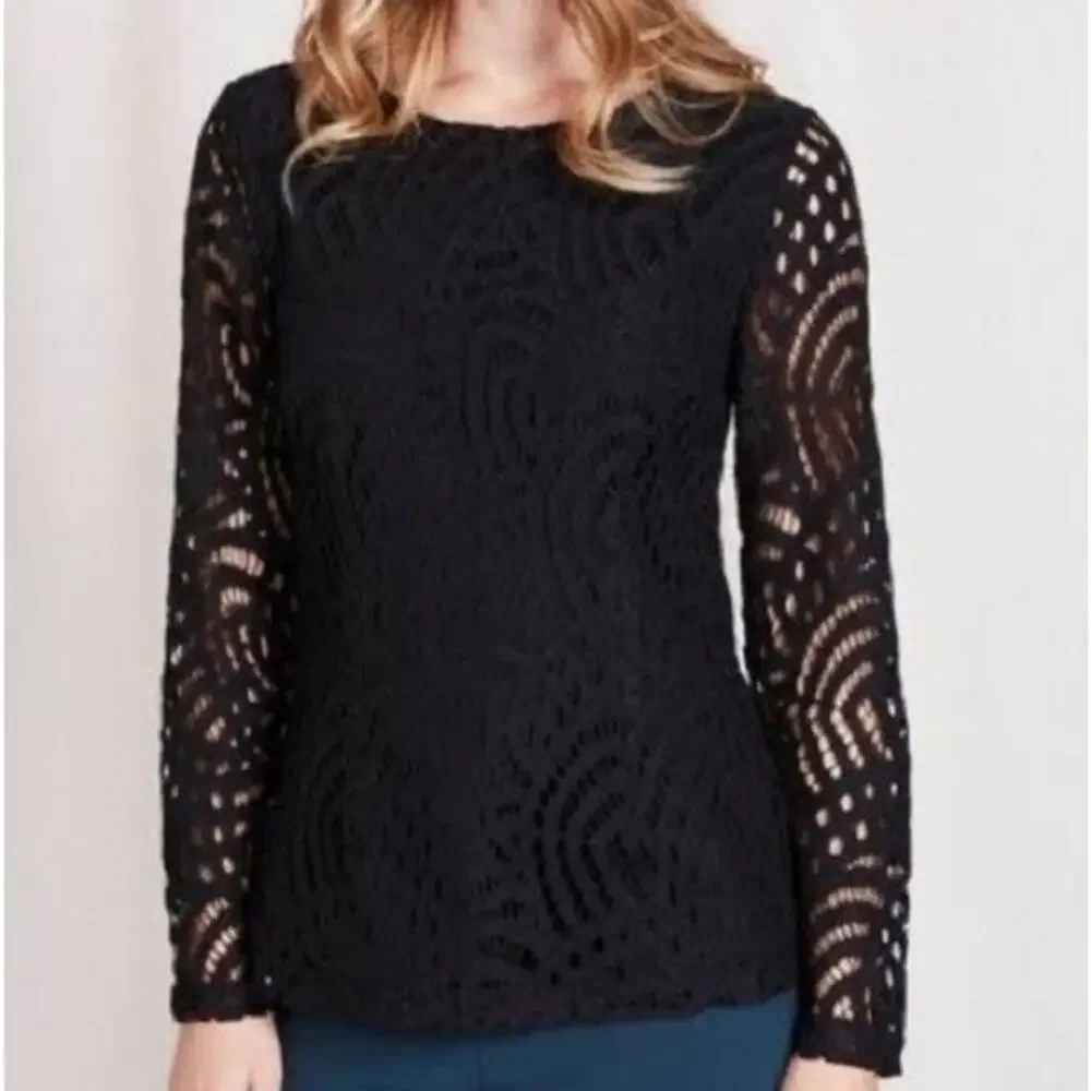 Boden Zeta Lace Top Size 6 Black Long Sleeve Lined Openwork Blouse